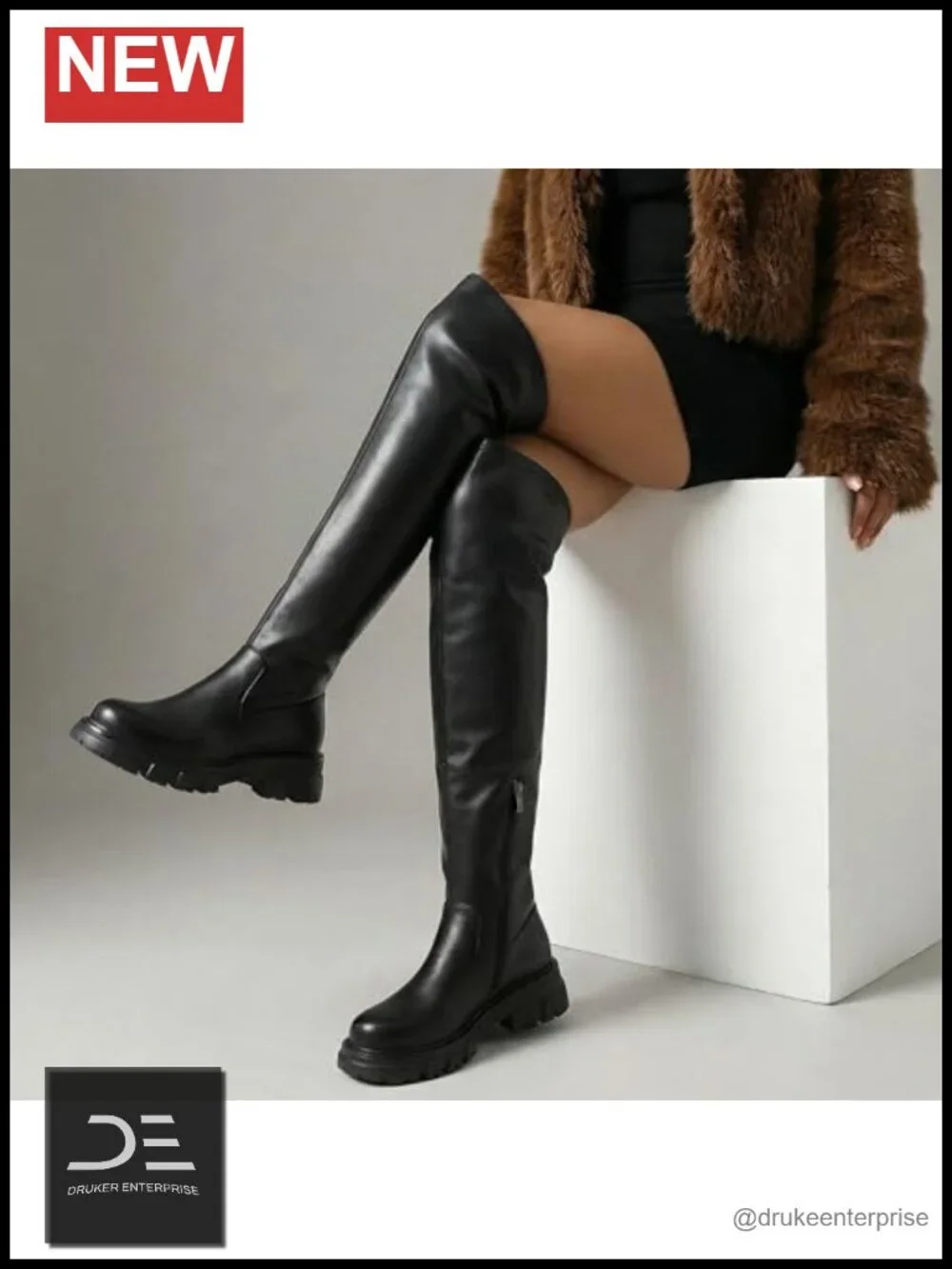 Over-the-Knee Thigh High Boots for Women, Chunky Lug Sole Low Heel, Faux